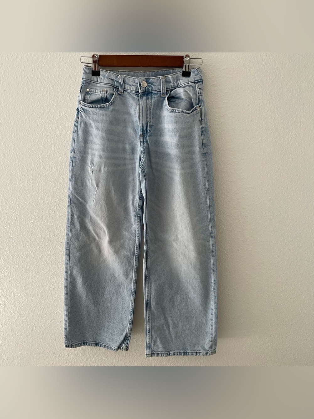 Girls Sz 14 H&M Light Blue Denim Wide Leg Loose Fit Jeans High Waist Adjustable